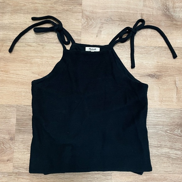 Madewell Texture & Thread Tie Shoulder Black Ribbed Tank - Picture 2 of 7